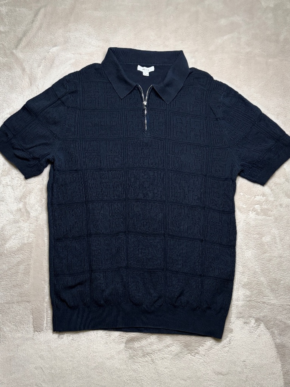 Reiss Mosaic Textured Half Zip Polo Shirt Mens L Navy Blue Short Sleeve Preppy